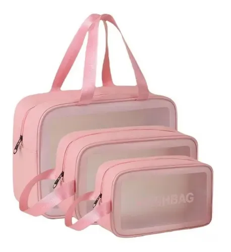 Kit3 Necessáires Feminina Maquiagem Cosméticos Viagem Praia Camping Impermeavel Loja Infor Cor Rosa