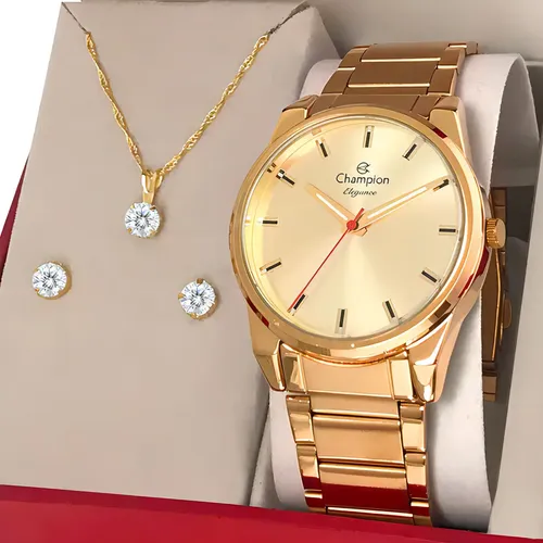 Relógio Feminino Champion CN27590X 40 Milímetros Analógico Dourado Prova D´Agua 50m com Kit Colar e Brincos