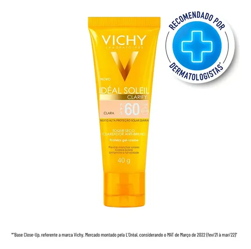 Protetor Solar Facial com Base FPS 60, Ação Clareadora Antibrilho, Previne Manchas Solares, Efeito Matte Toque Seco, Cor Clara, Clarify Capital Soleil Vichy 40g