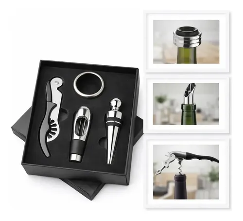 Kit Vinho 4 Peças Aço Inox Vbs Brasil Abridor Garrafa Manual Tipo Saca Rolhas Bico Dosador Tampa Anel