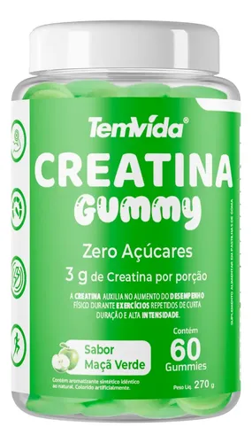Creatina Gummy Tem Vida 3g Maçã Verde Zero Açúcar 60 Gomas